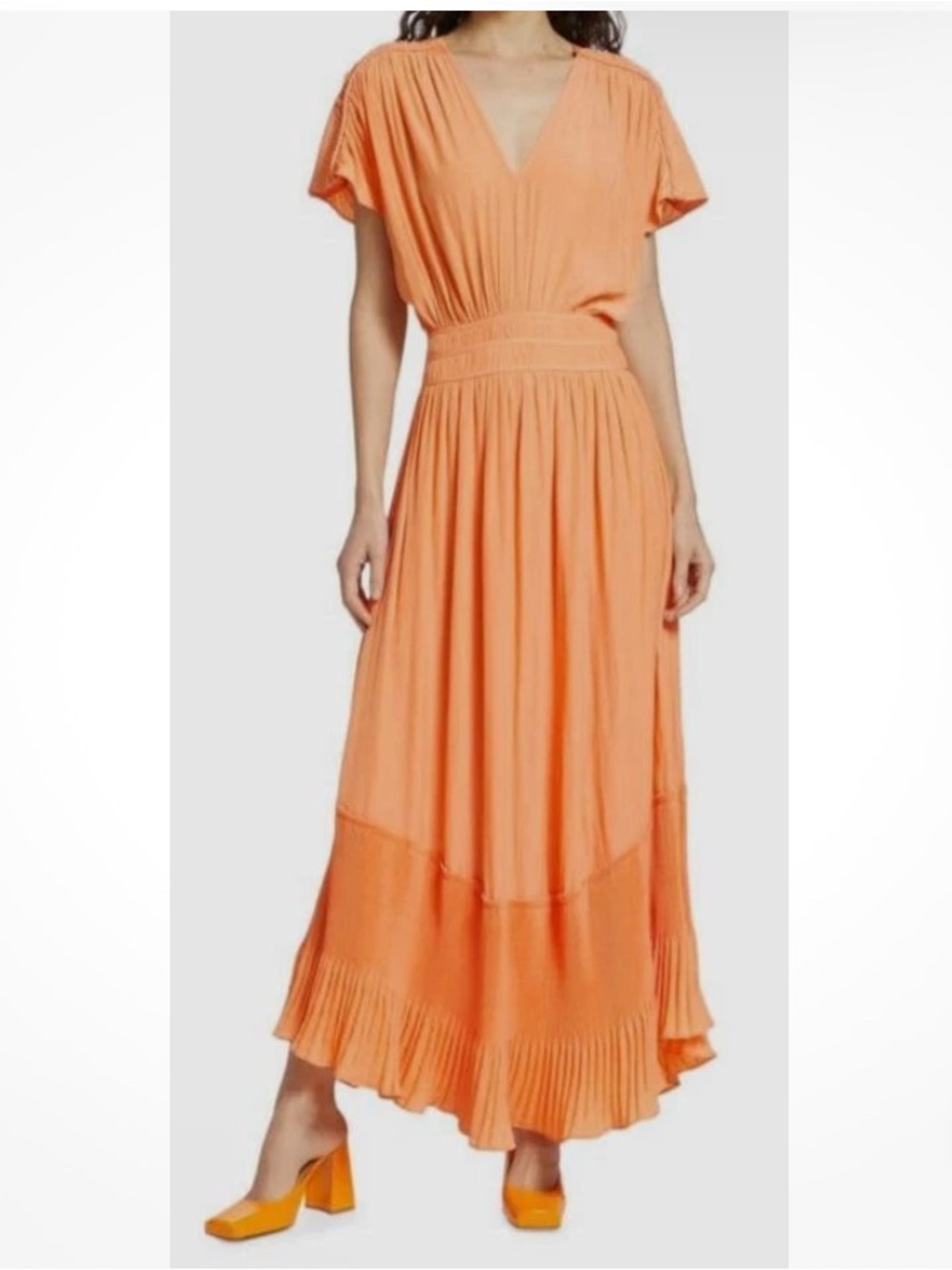 Ramy Brook Women's Orange Cymone Pleated Maxi Dress Size Med Wedding Luxury